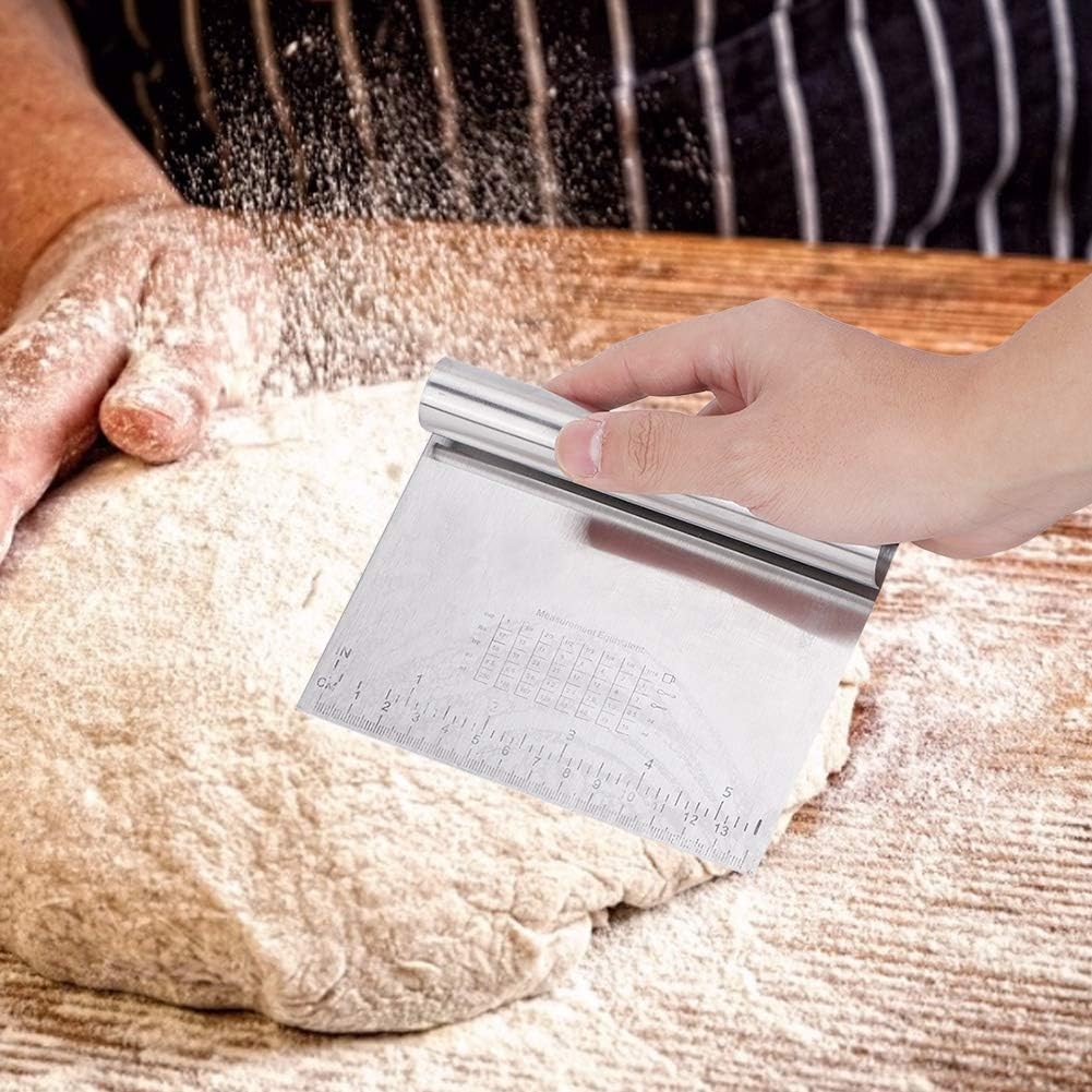 Raspador/Cortador de masa de acero inoxidable pulido con escala de medición, multiusos, cortador de pizza, separador de pan de pastelería, 2 piezas