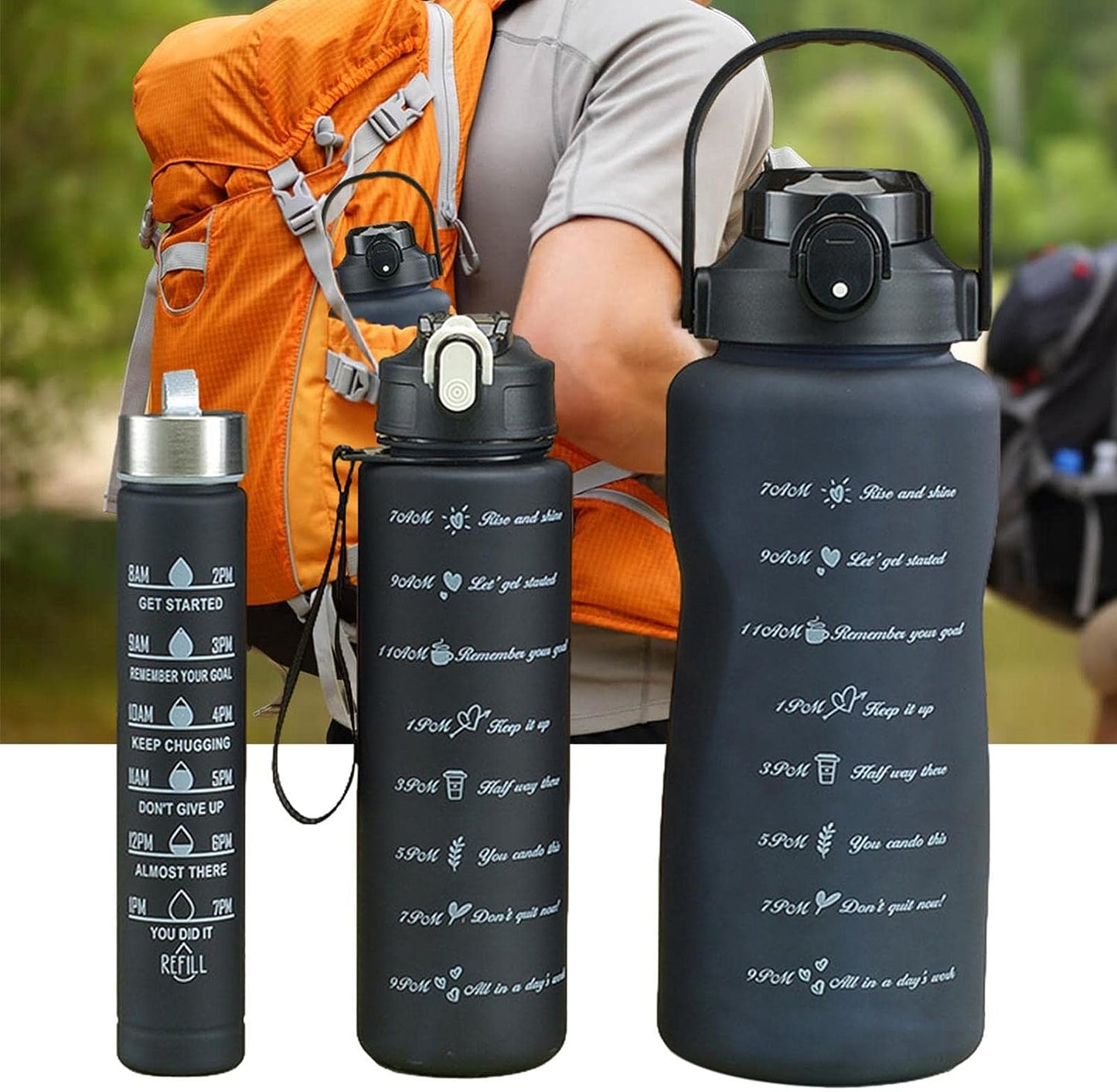 Kit 3 Piezas Botella Deportiva Motivacional Sin BPA De Gran Capacidad, 2L+990ML+330ML