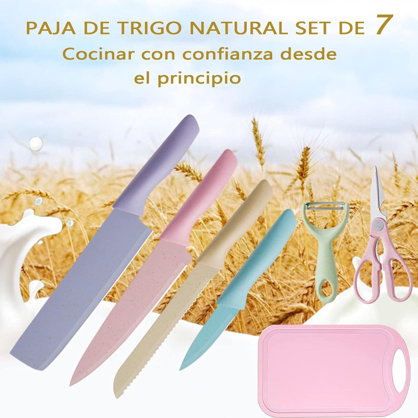 Juego De 7 Cuchillos De Paja De Trigo, Juego De Cuchillos De Cocina, Cuchillo De Chef, Cuchillo Para Pan, Cuchillo Para Pelar, Tijeras, Kit De Cortador Pelador Con Tabla De Cortar