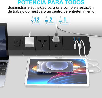 Multicontacto con 2 m, Protector contra sobretensiones con 3 Salidas de CA y 4 Puertos USB, Cable de extensión de 2 m para el hogar, la Oficina, el Dormitorio