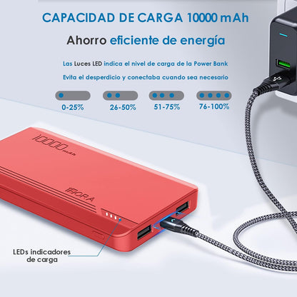 Power Bank 10000 mAh Ultra Slim de Bateria Portatil Lámpara incorporada Carga Rápida USB con Cable Micro USB 20CM, Lámpara incorporada Powerbank Compatible para IP, Samsung, Xiaomi, Rojo