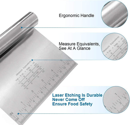 Raspador/Cortador de masa de acero inoxidable pulido con escala de medición, multiusos, cortador de pizza, separador de pan de pastelería, 2 piezas