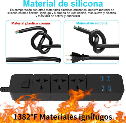 Multicontacto con 2 m, Protector contra sobretensiones con 3 Salidas de CA y 4 Puertos USB, Cable de extensión de 2 m para el hogar, la Oficina, el Dormitorio