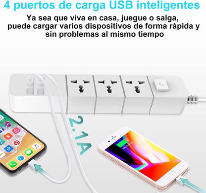 Multicontacto con 2 m, Protector contra sobretensiones con 3 Salidas de CA y 4 Puertos USB, Cable de extensión de 2 m para el hogar, la Oficina, el Dormitorio