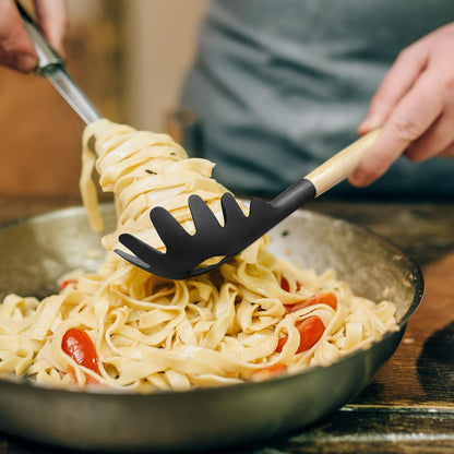 Juego de utensilios de cocina de silicona, 7 piezas de utensilios de silicona con asas de madera de acacia, incluyendo servidor de pasta, pinza de 9 pulgadas, espátula para hornear y ensalada, para barbacoa, campamento, cocina al aire libre (negro)