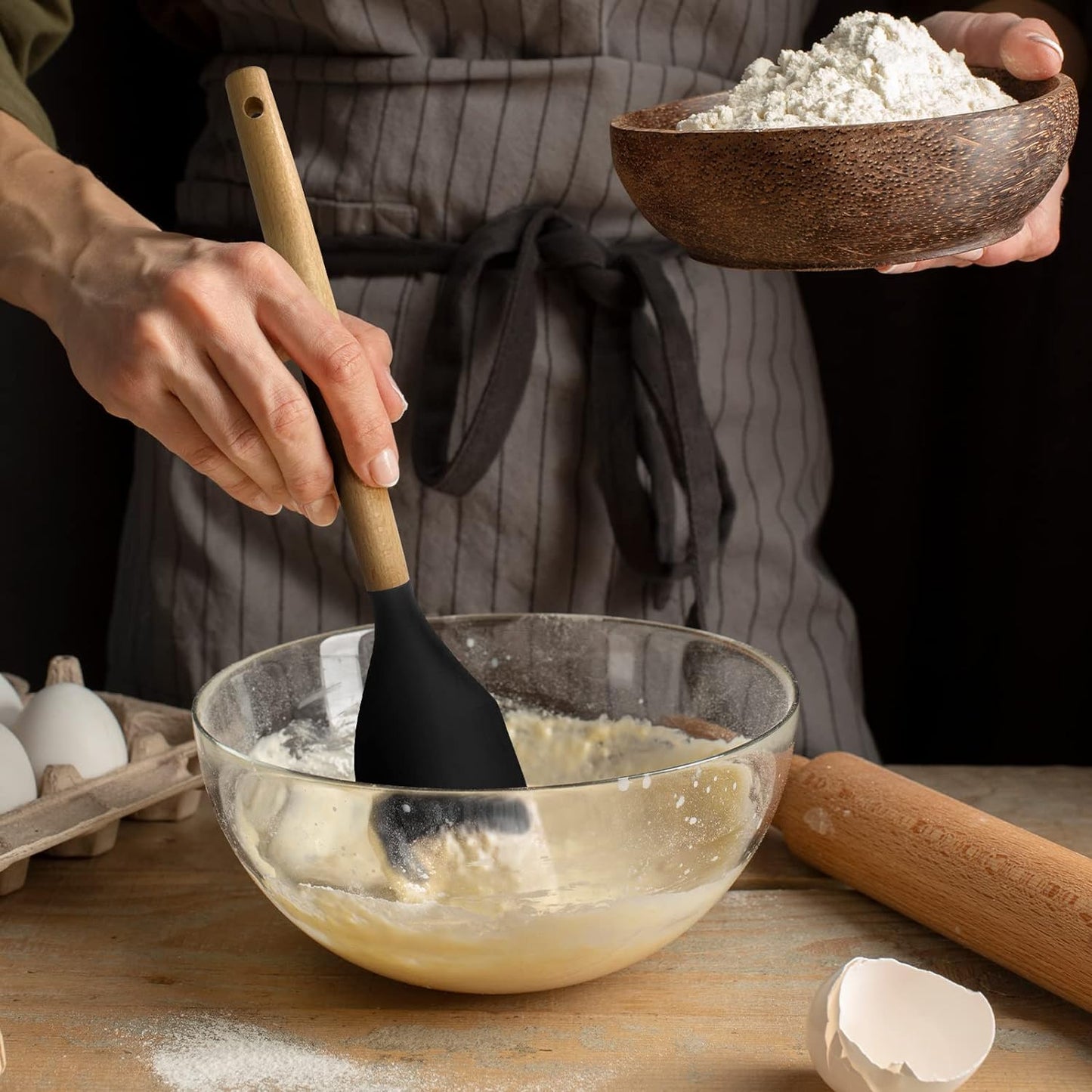 Juego de utensilios de cocina de silicona, 7 piezas de utensilios de silicona con asas de madera de acacia, incluyendo servidor de pasta, pinza de 9 pulgadas, espátula para hornear y ensalada, para barbacoa, campamento, cocina al aire libre (negro)