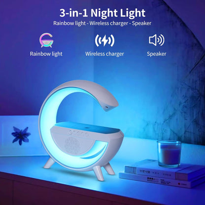 Lámpara Bocina de Mesa con Cargador Inalámbrico Qi de 15 W Con Luces Ambientales