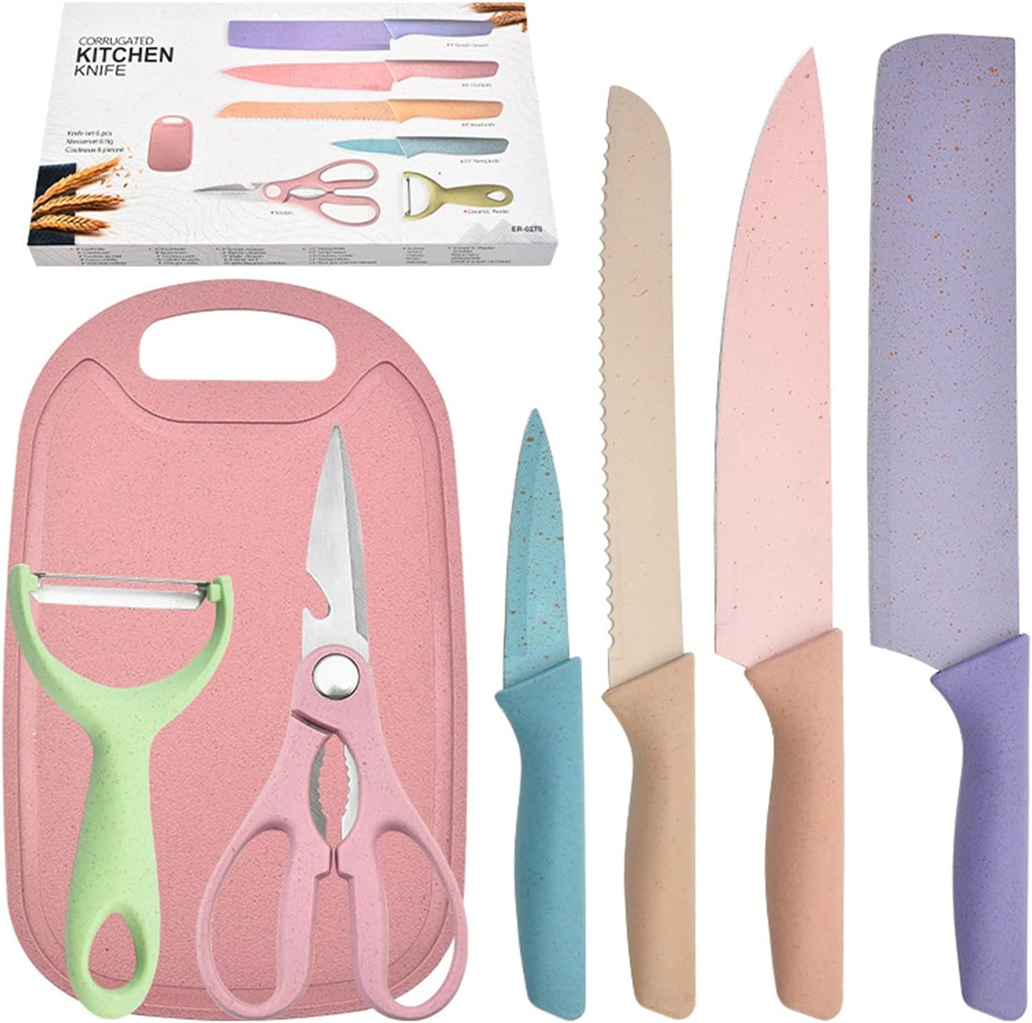 Juego De 7 Cuchillos De Paja De Trigo, Juego De Cuchillos De Cocina, Cuchillo De Chef, Cuchillo Para Pan, Cuchillo Para Pelar, Tijeras, Kit De Cortador Pelador Con Tabla De Cortar