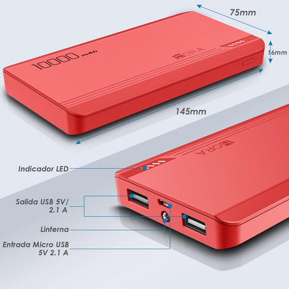 Power Bank 10000 mAh Ultra Slim de Bateria Portatil Lámpara incorporada Carga Rápida USB con Cable Micro USB 20CM, Lámpara incorporada Powerbank Compatible para IP, Samsung, Xiaomi, Rojo