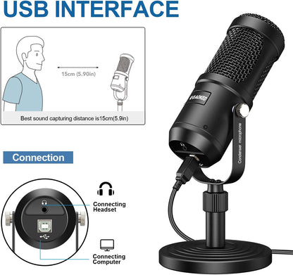 Micrófono USB condensador podcast para computadora.