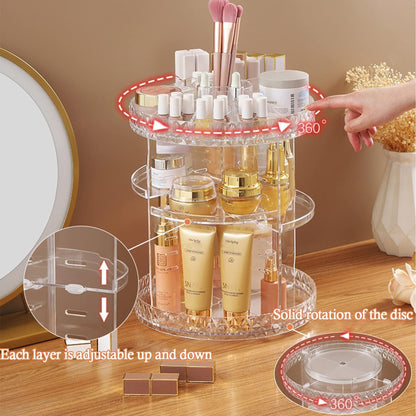 Organizador de maquillaje giratorio, soporte de maquillaje giratorio de 360°, 8 capas transparentes ajustables para almacenamiento de cosméticos, carrusel de maquillaje para cambiador y baño