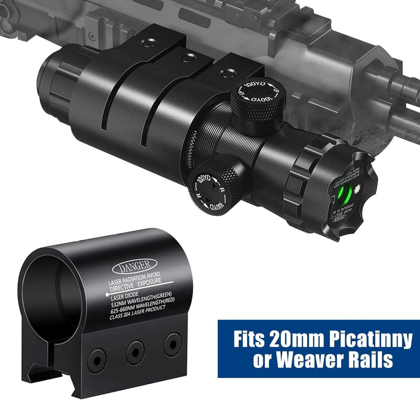 Láseres de pistola de Airsoft de caza, mira láser verde de grado militar para rifle con montaje Picatinny de 0.787 in y adaptador de montaje en anillo de 1 pulgada, interruptor de presión remoto, punto de batería para un rendimiento preciso y confiable