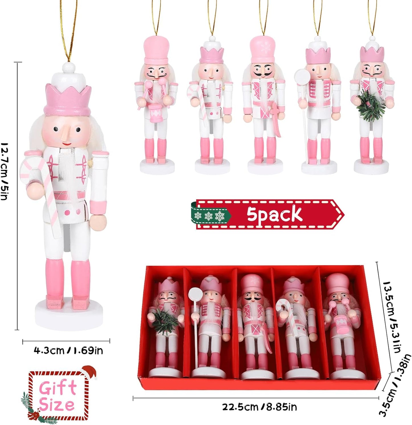 Juego de decoración de Cascanueces de Navidad, 5 piezas, adorno colgante de madera rosa, el mejor juguete de marionetas, figuritas de árbol, accesorio para regalo