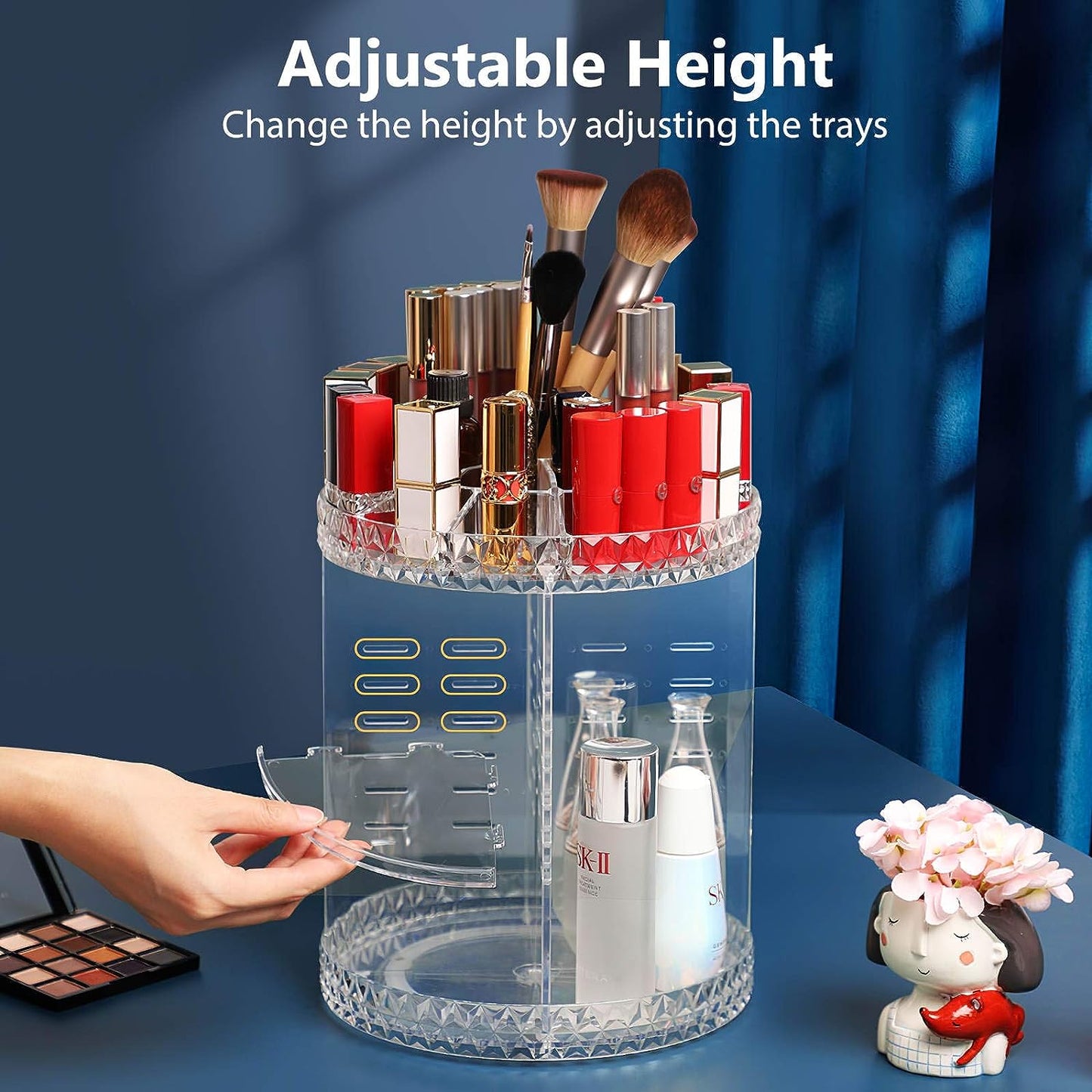 Organizador de maquillaje giratorio, soporte de maquillaje giratorio de 360°, 8 capas transparentes ajustables para almacenamiento de cosméticos, carrusel de maquillaje para cambiador y baño