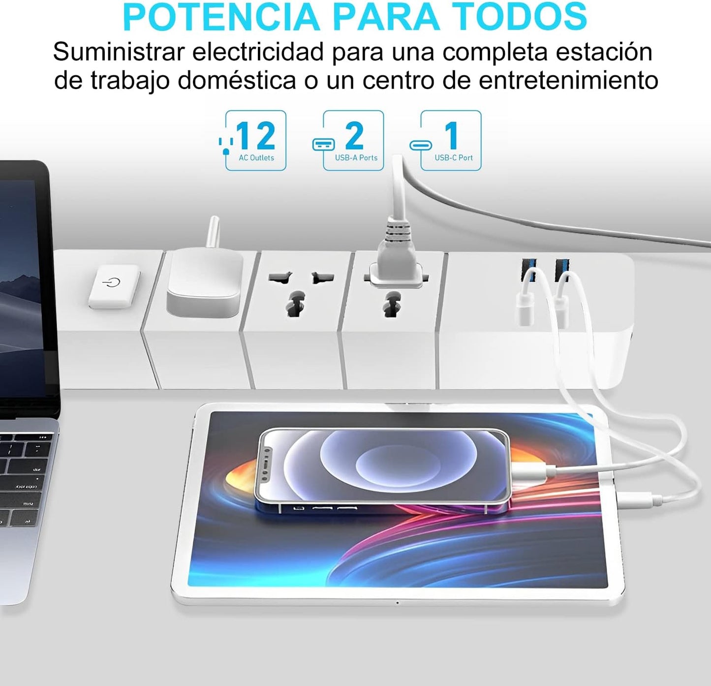 Multicontacto con 2 m, Protector contra sobretensiones con 3 Salidas de CA y 4 Puertos USB, Cable de extensión de 2 m para el hogar, la Oficina, el Dormitorio