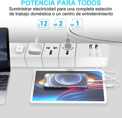 Multicontacto con 2 m, Protector contra sobretensiones con 3 Salidas de CA y 4 Puertos USB, Cable de extensión de 2 m para el hogar, la Oficina, el Dormitorio