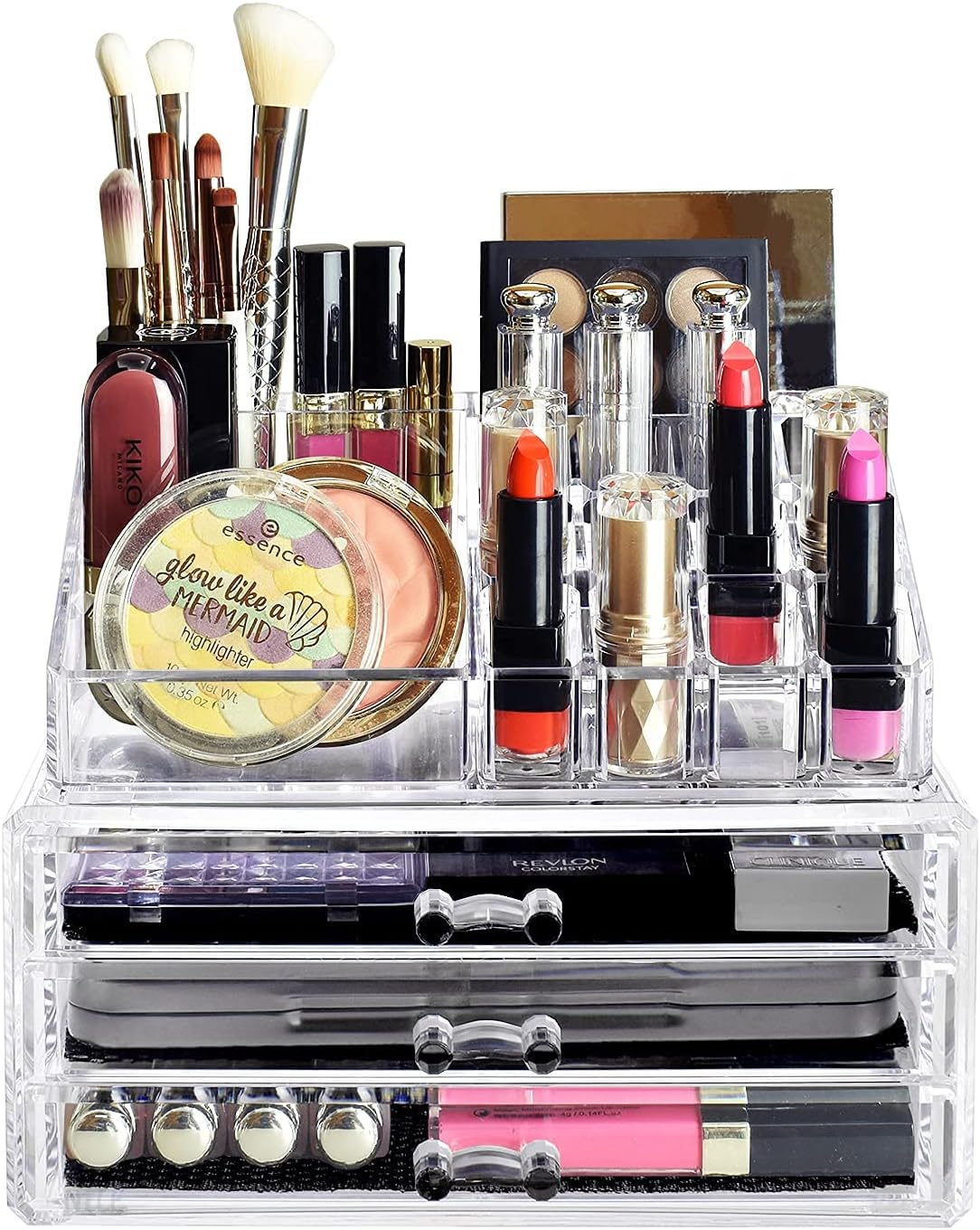 Organizador de maquillaje y joyería de cosméticos, acrílico transparente, 20 secciones, soporte de tocador, apilable o con cajones de pie incluidos.