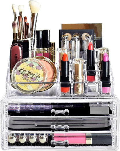 Organizador de maquillaje y joyería de cosméticos, acrílico transparente, 20 secciones, soporte de tocador, apilable o con cajones de pie incluidos.