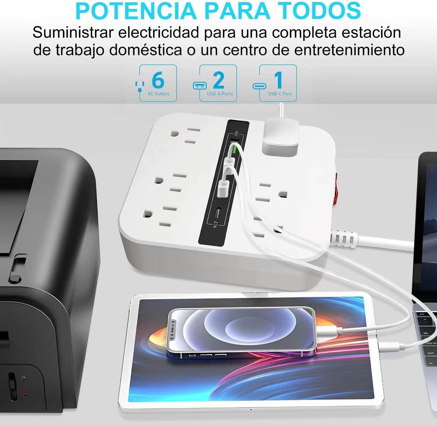 Multicontacto de Usb con 2m Regleta de Enchofes con Tipo C,6 Salidas Anchas con 3 Puertos de Carga Usb y 1 Tipo C, Enchufe Plano,para Hogares, Oficinas,Dormitorios y los Elementos Esenciales