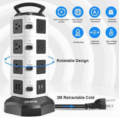 Multicontacto USB con protector contra sobretensiones – Cargador, fuente de poder, Adaptador, caja de enchufe, Multipuerto, 6 pies de extensión.