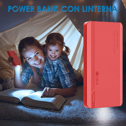 Power Bank 10000 mAh Ultra Slim de Bateria Portatil Lámpara incorporada Carga Rápida USB con Cable Micro USB 20CM, Lámpara incorporada Powerbank Compatible para IP, Samsung, Xiaomi, Rojo