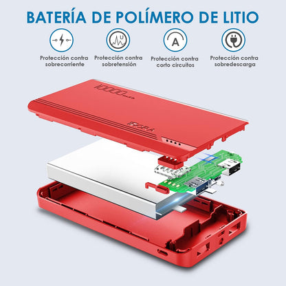 Power Bank 10000 mAh Ultra Slim de Bateria Portatil Lámpara incorporada Carga Rápida USB con Cable Micro USB 20CM, Lámpara incorporada Powerbank Compatible para IP, Samsung, Xiaomi, Rojo