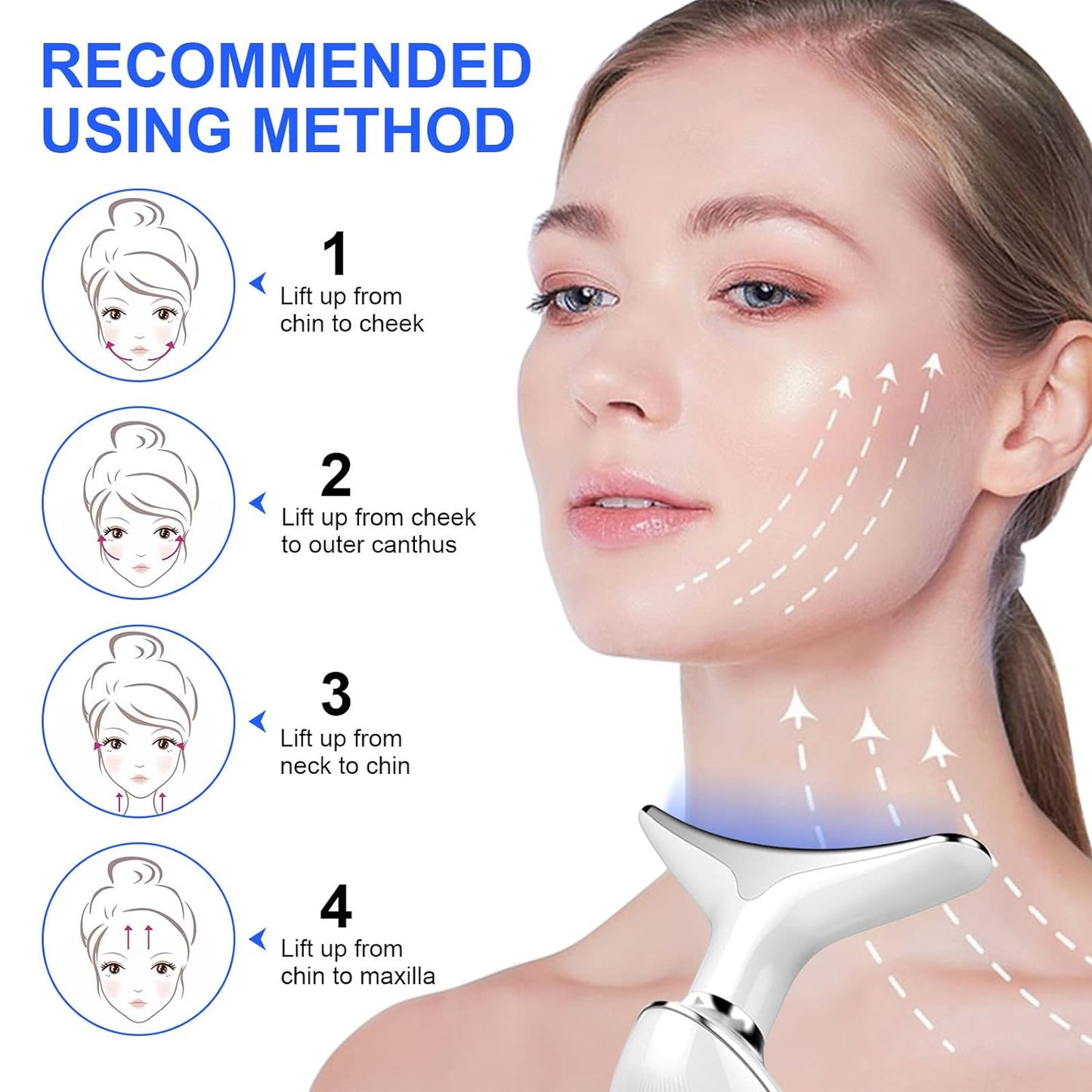 Dispositivo de eliminación de arrugas reafirmante para la cara del cuello, masajeador de vibración, masajeador facial portátil 3 en 1 para levantar la piel flácida, cuidado de la piel, firme, apriete, suave. Herramienta de escultura facial blanca