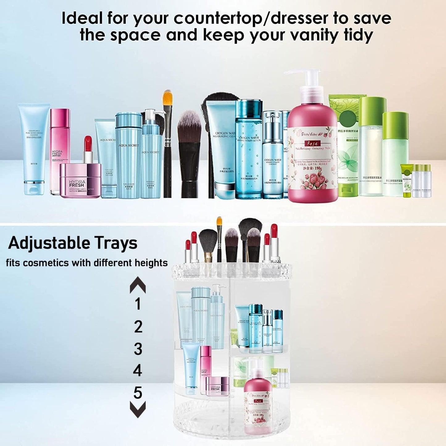 Organizador de maquillaje giratorio, soporte de maquillaje giratorio de 360°, 8 capas transparentes ajustables para almacenamiento de cosméticos, carrusel de maquillaje para cambiador y baño