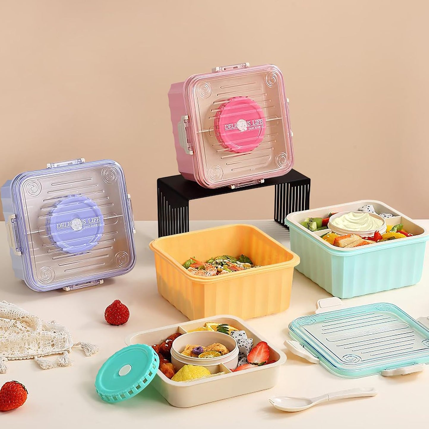 Fiambrera de doble capa de plástico para niños, caja grande Bento para trabajadores de oficina con compartimentos, contenedor de alimentos, cuencos portátiles para ensaladas