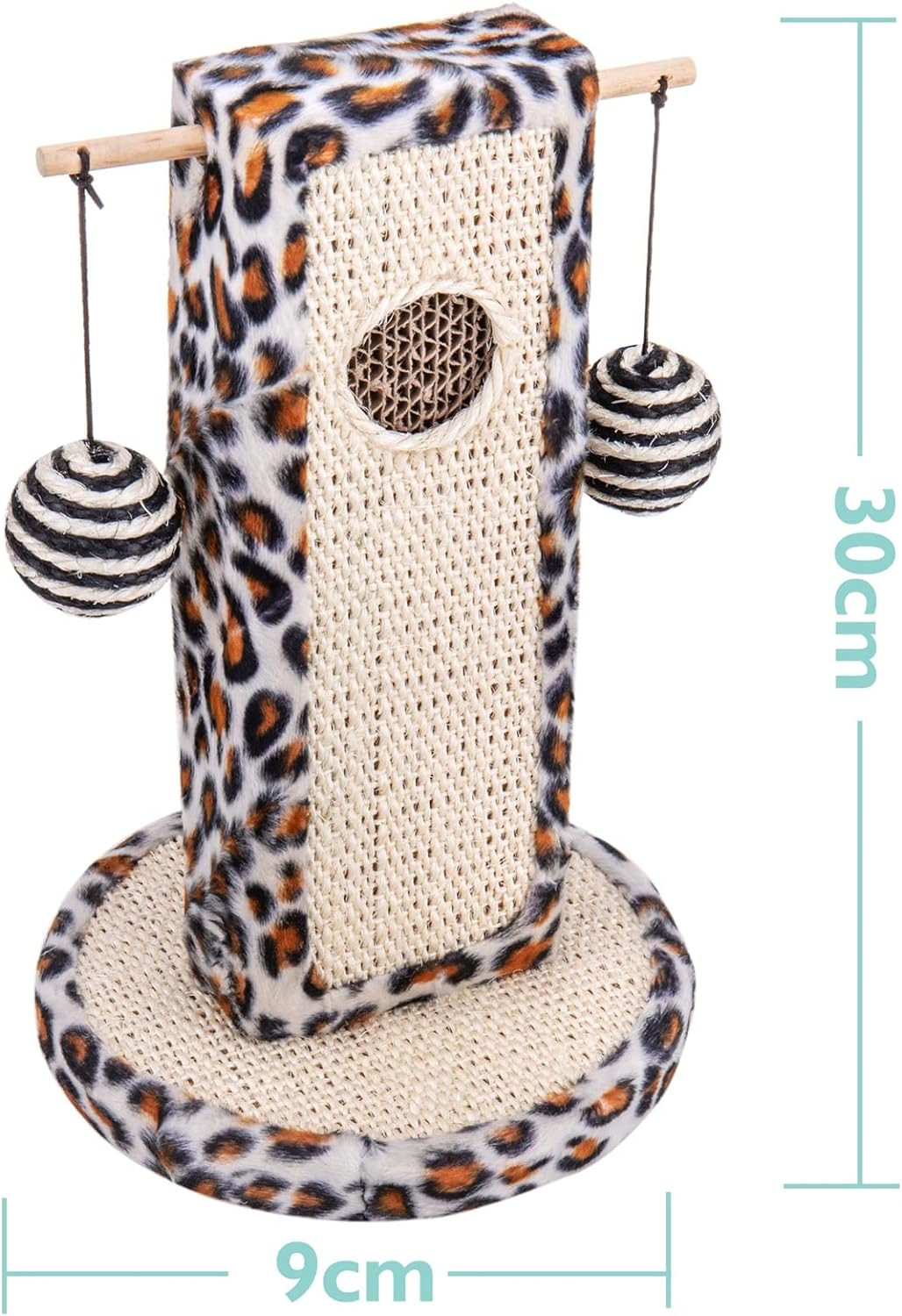 Poste rascador para gatos con diseño de cáñamo acabado de leopardo con 2 bolas de juguete