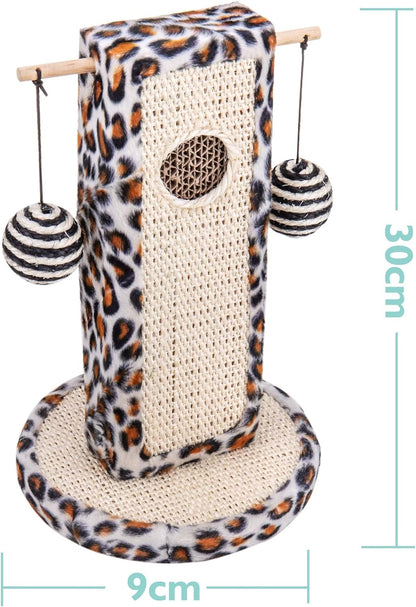 Poste rascador para gatos con diseño de cáñamo acabado de leopardo con 2 bolas de juguete