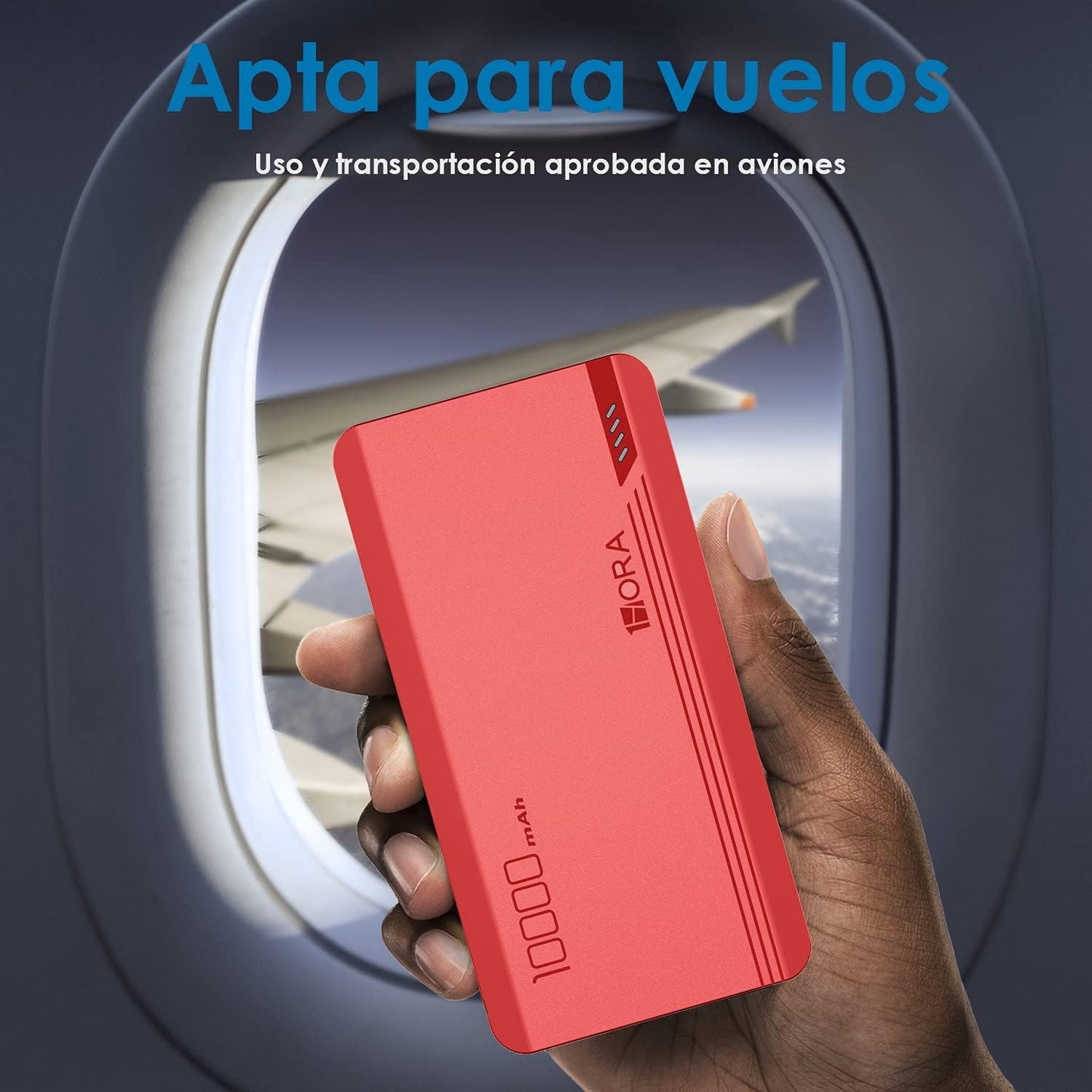 Power Bank 10000 mAh Ultra Slim de Bateria Portatil Lámpara incorporada Carga Rápida USB con Cable Micro USB 20CM, Lámpara incorporada Powerbank Compatible para IP, Samsung, Xiaomi, Rojo