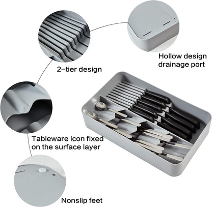 Bandeja Organizador de Utencilios de Cocina Diseño de Dos Pisos Antideslizante para Cubiertos