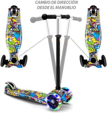 Scooter para Niños Niñas 3-8 Años Patinete de 3 Ruedas con Luces LED, Patines del Diablo Ajustables Escúter Plegable Scooter de Aire Libre, Patinete Infantil Juguete Regalo de Navidad