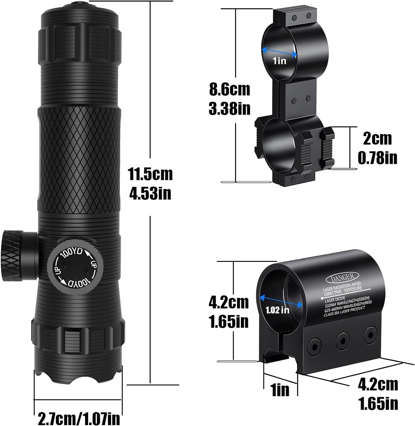 Láseres de pistola de Airsoft de caza, mira láser verde de grado militar para rifle con montaje Picatinny de 0.787 in y adaptador de montaje en anillo de 1 pulgada, interruptor de presión remoto, punto de batería para un rendimiento preciso y confiable