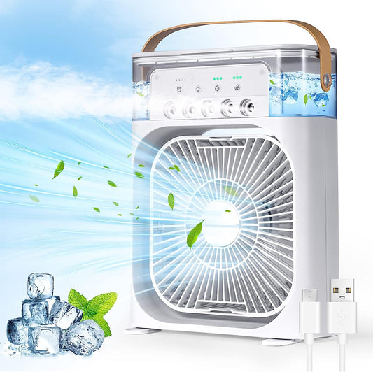 Ventilador portátil, ventilador de refrigeración con luz LED de 7 colores, ventilador de agua de aire acondicionado, escritorio USB con 3 pulverizaciones, enfriador de aire evaporativo personal, ventilador de hielo para dormitorio, oficina, dormitorio