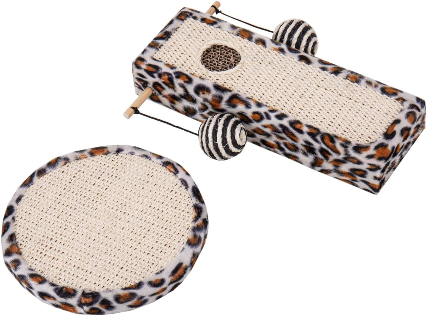 Poste rascador para gatos con diseño de cáñamo acabado de leopardo con 2 bolas de juguete