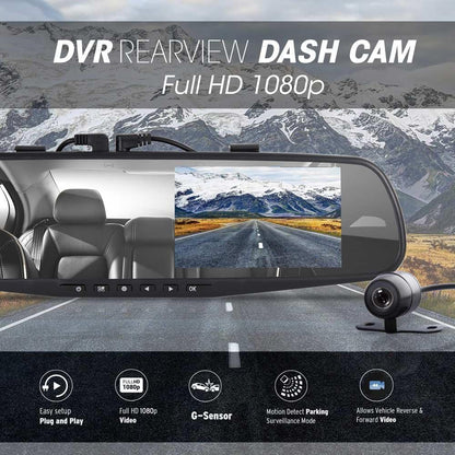 Espejo retrovisor, monitor DVR, sistema de grabación de vídeo doble cámara en Full HD, 1080p con sensor G incorporado, detección de movimiento (Espejo retrovisor con botones)