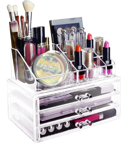 Organizador de maquillaje y joyería de cosméticos, acrílico transparente, 20 secciones, soporte de tocador, apilable o con cajones de pie incluidos.