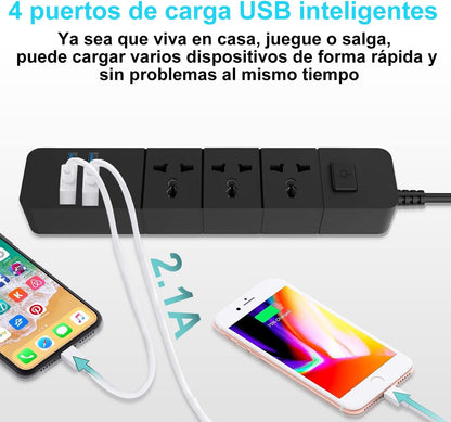 Multicontacto con 2 m, Protector contra sobretensiones con 3 Salidas de CA y 4 Puertos USB, Cable de extensión de 2 m para el hogar, la Oficina, el Dormitorio