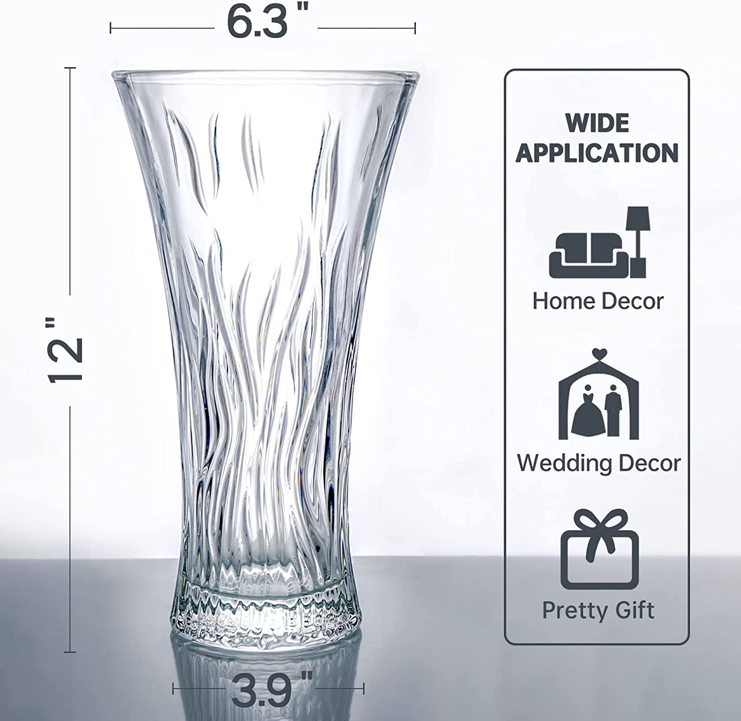 Jarrón de vidrio transparente sin plomo para flores ideal para sala de estar, mesa de comedor