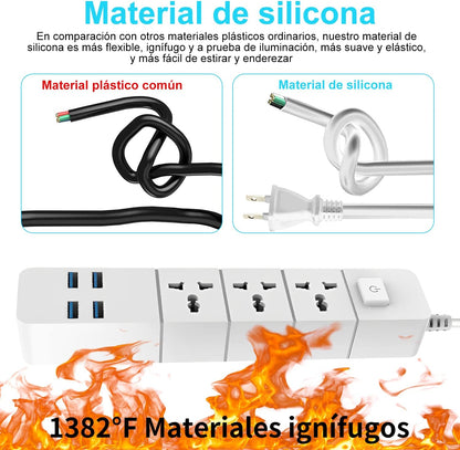 Multicontacto con 2 m, Protector contra sobretensiones con 3 Salidas de CA y 4 Puertos USB, Cable de extensión de 2 m para el hogar, la Oficina, el Dormitorio