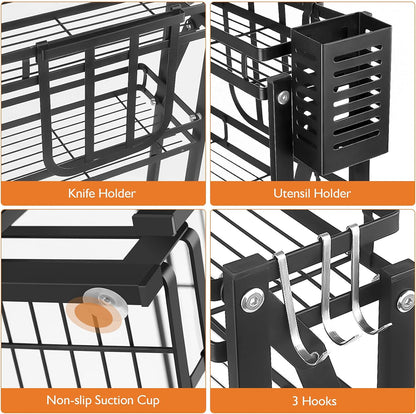 Rack De acero, organizador para acomodar especias y accesorios de cocina con pintura a prueba de altas temperaturas, Estante para Cubiertos y ganchos para otros utensilios (Tres niveles)