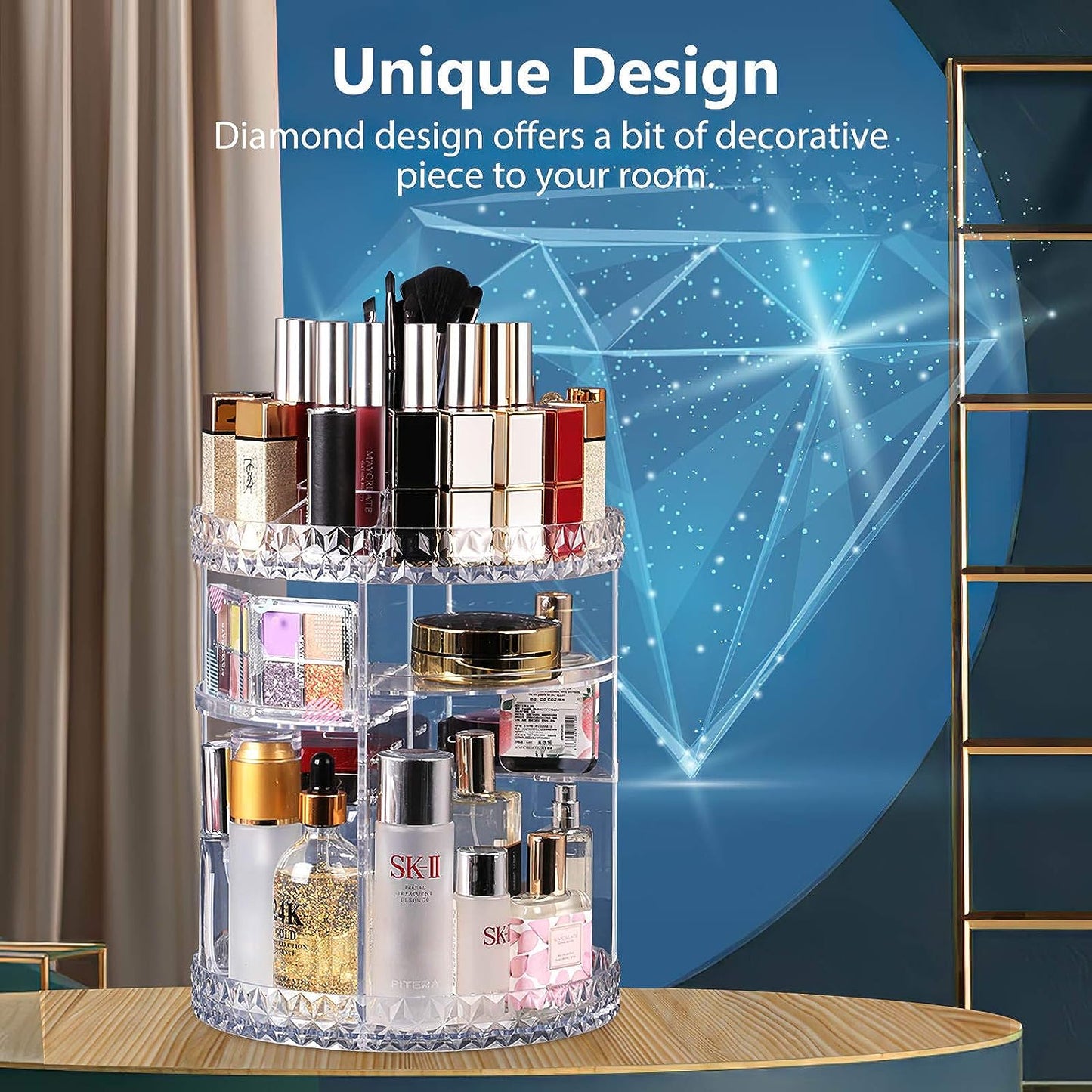 Organizador de maquillaje giratorio, soporte de maquillaje giratorio de 360°, 8 capas transparentes ajustables para almacenamiento de cosméticos, carrusel de maquillaje para cambiador y baño