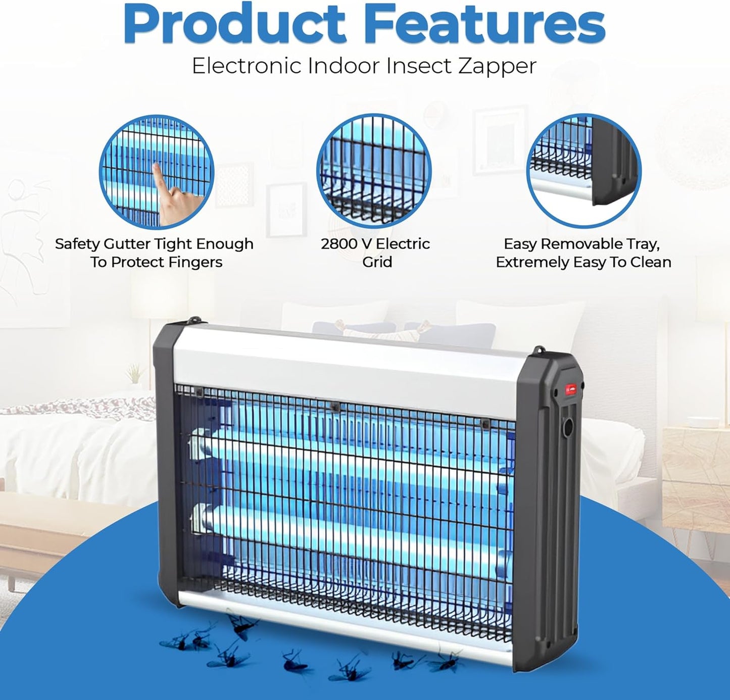 Exterminador de insectos extra ligero 2800 V para uso en interiores y exteriores, incluye cadena colgante trampa para mosquitos con bandeja de recolección extraíble