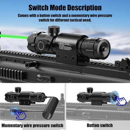 Láseres de pistola de Airsoft de caza, mira láser verde de grado militar para rifle con montaje Picatinny de 0.787 in y adaptador de montaje en anillo de 1 pulgada, interruptor de presión remoto, punto de batería para un rendimiento preciso y confiable