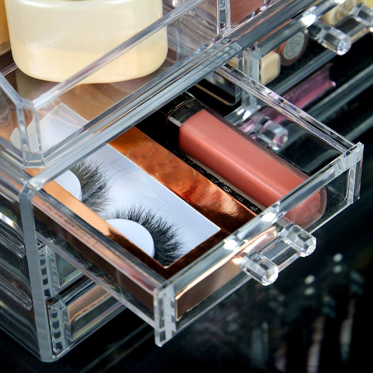 Organizador de maquillaje y joyería de cosméticos, acrílico transparente, 20 secciones, soporte de tocador, apilable o con cajones de pie incluidos.