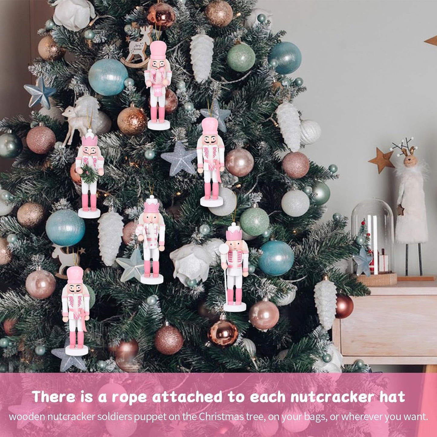 Juego de decoración de Cascanueces de Navidad, 5 piezas, adorno colgante de madera rosa, el mejor juguete de marionetas, figuritas de árbol, accesorio para regalo