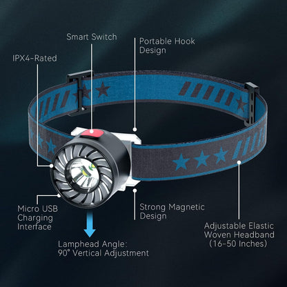 Linterna frontal LED recargable, lámpara frontal ligera ajustable de 300 lúmenes con luz roja, 7 modos de iluminación, IPX4 impermeable, linterna de luz para correr, ciclismo, senderismo, pesca nocturna, lectura