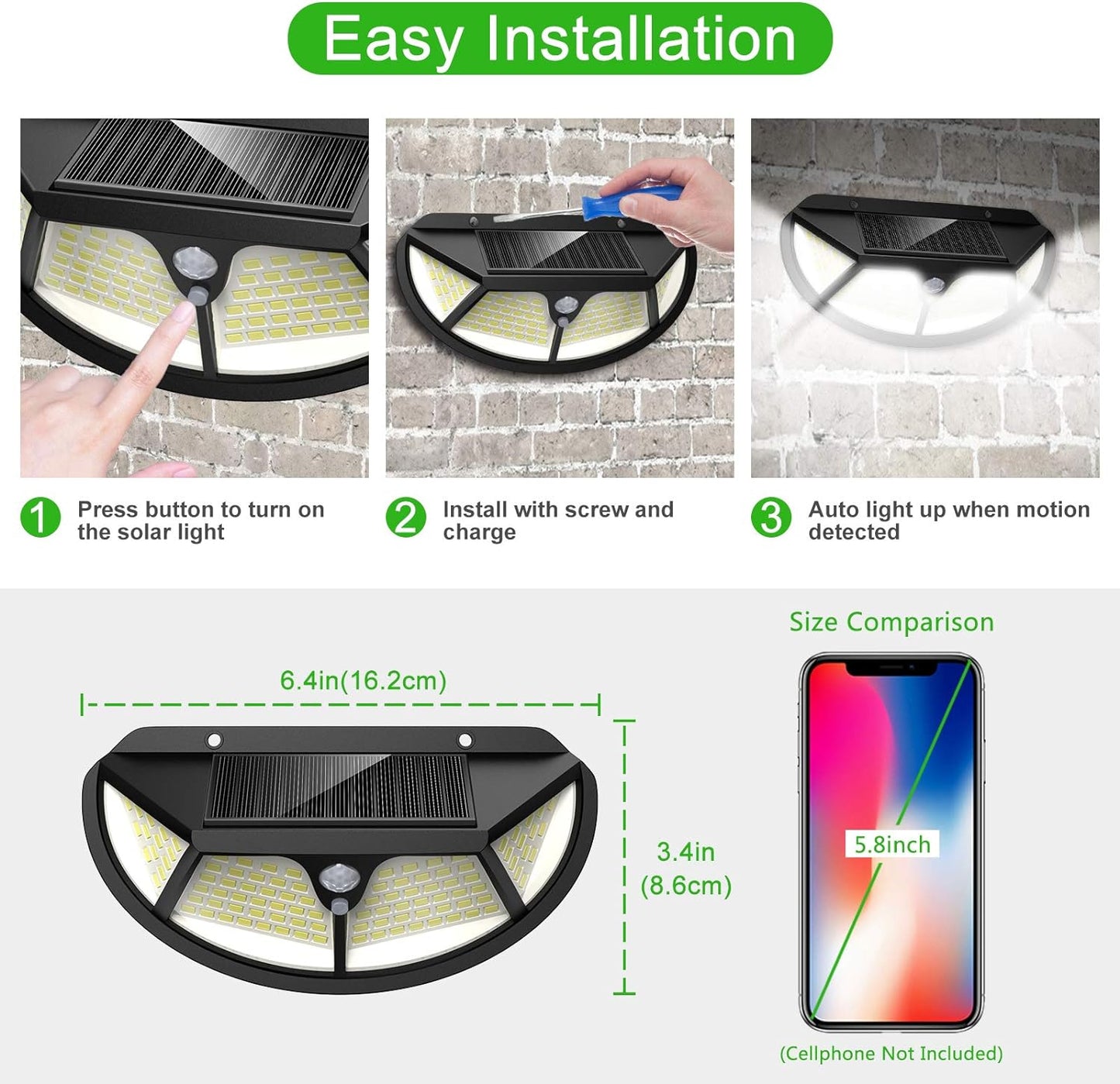 Lámpara de pared solar para exteriores, movimiento y sensor de luz, luces de reflector IP65 para jardín, patio, puerta de pared